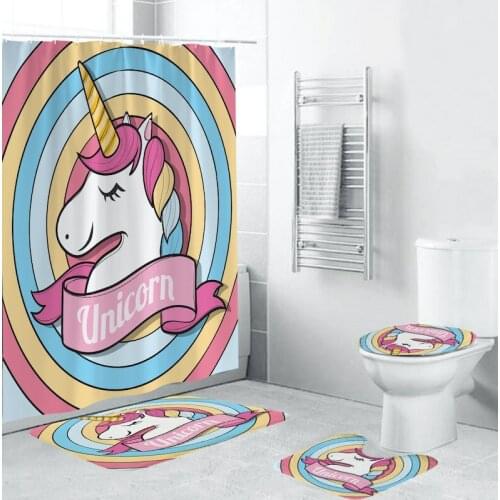 3D Cartoon Unicorn Printed Polyester Waterproof Bath Curtaiin with Hooks 4pcs Kids Bathroom Set Non Slip Rug Mats Set Toilet