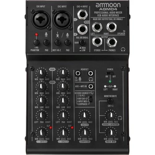4 Channel mixer ammoon AGM04 Mini Mixing Console Digital Audio Mixer 2-band EQ Built-in 48V Phantom Power 5V USB Powered mixer