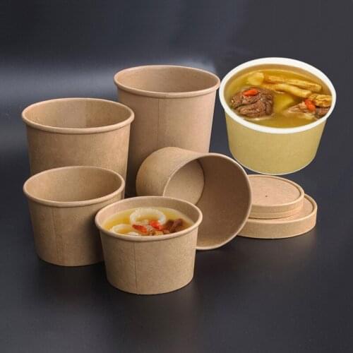 50pcs/pack Large Capacity Disposable CKraft Paper Bowl With Paper Lid Eco Takeaway Food Package Paper Cup Paper Lunch Box