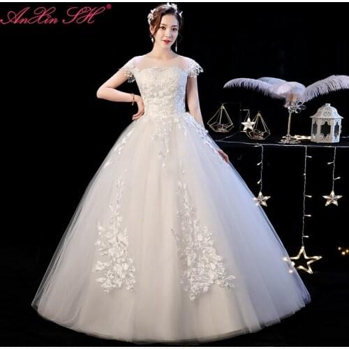 AXJFU Flower princess white lace wedding dress vintage illusion o neck short sleeve ball gown party bride wedding dress
