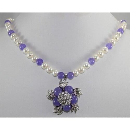 White Genuine Freshwater pearl purple Jade necklace 18inches+flower pendant