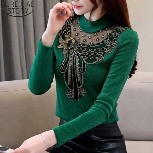 Plus Size 4XL Blouses Women Long Sleeve Tops 2021 Spring Autumn Turtleneck Green Casual Mesh Blusas Women Tops and Blouses 5569