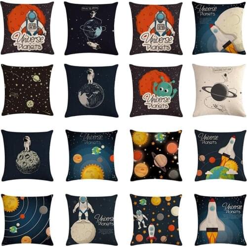 Cartoon Spacecraft Cushion Cover Astronaut Rocket Cotton Linen Pillow Cover for Home Chair Outer Space Decorative Pillows Cove