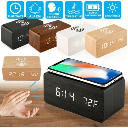 LED Wooden Alarm Clock With Wireless Charging Pad Compatible With For Iphone Samsung Wood Digital Clock Sound Control Function
