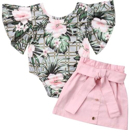 Pudcoco Newest Fashion Toddler Baby Girl Clothes Flower Print Ruffle Sleeve Romper Tops Mini Skirt 2pcs Clothes Summer 0-4 Years