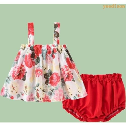 New Summer Baby Girl Outfit Baby Girl Clothing Sets 2 Pcs Set Flower Print Sleeveless Dress+briefs Boho Beach Baby Clothes 0-24M