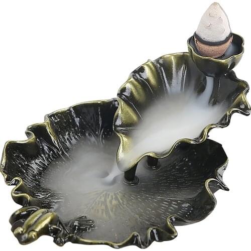 Backflow Incense Burner Antique Waterfall Incense Burner Holder Buddhist Alloy Lotus Leaf Incense Burner Home Desk Ornaments
