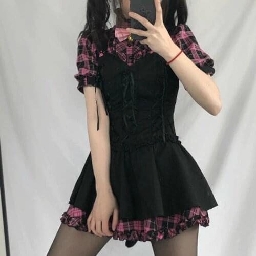 Summer Dresses for Women Plaid 2021 Kawaii Pink Clothes Short Sleeve Strap Midi Dress Lolita Harajuku Cottagecore Y2K Dress