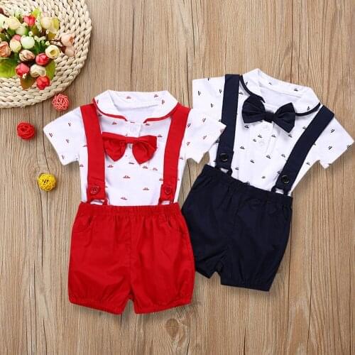 Summer Toddler Boys Gentleman Suit Infant Kids Short Sleeve Bow Tie Shirt+Suspender Shorts Casual Baby Boy Clothes Outfits 0-21M