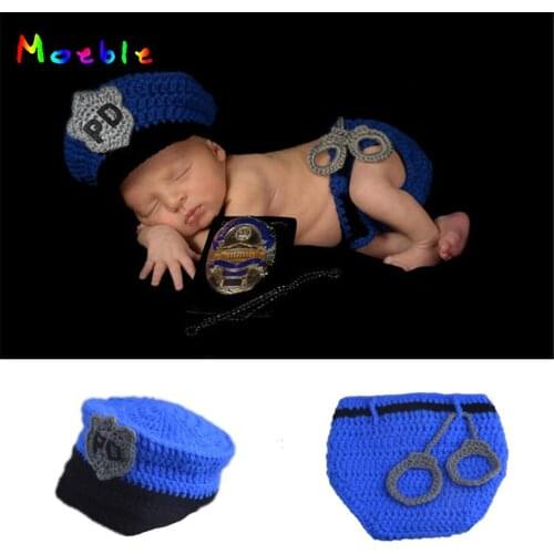 Top Sale Newborn BABY Police Costume Crochet Infant Baby Police Photography Props Newborn Policema Hat Diaper Set MZS-15067