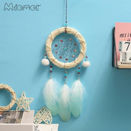 MIAMOR Rattan Ring Dreamcatcher With Light Dream Catcher with Pompom Home Wall Hanging Decor Pendant for Kids Bedroom AMOR00149