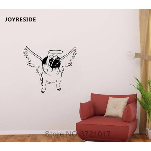 JOYRESIDE Pug Dogs Wall Cute Face Angel Wings Animal Decal Vinyl Sticker Decor Bedroom Kids Room Living Room Interior Mural A346