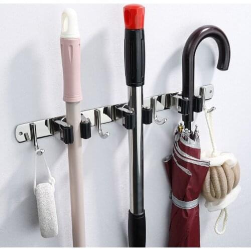 Wall Mounted Broom Holder Stainless Steel Mop Brush Mops Storage Hanger with Hook Lavatory Kitchen Bathroom Organizer Free Nail