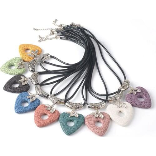 Natural Stone Volcanic Lava Colorful Love Heart-shaped Metal Edging Pendant New Fashion Sweater Chain Jewelry Necklace Best Gift