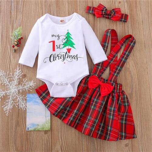 Newborn Baby Girl Christmas Clothes Spring Fall Letter Romper Plaid Suspender Skirt Headband 3Pcs Xmas Clothing 0-12Months