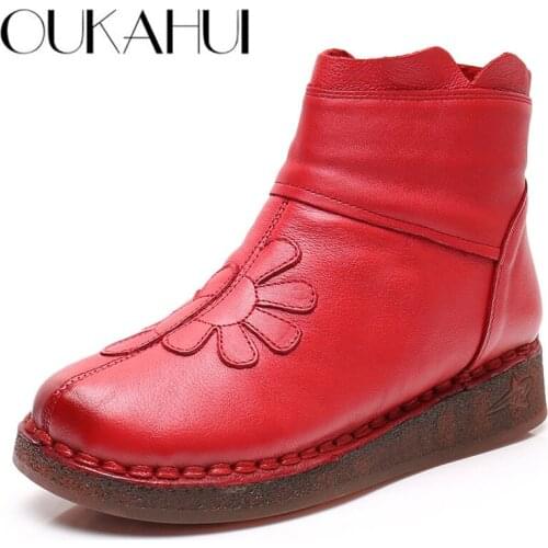 OUKAHUI 2020 Autumn Winter Genuine Leather Casual Warm Boots For Women Low Heel Slip-On Leather Flat Warm Ankle Boots Women Soft