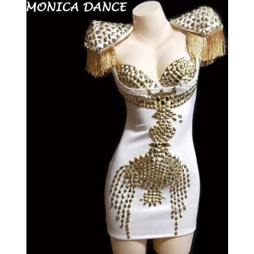 Sexy Gold Rhinestones Tassel Stretch White Dress Womens Birthday Celebrate Dress Nightclub Stage Prom Party Women Singer Dress