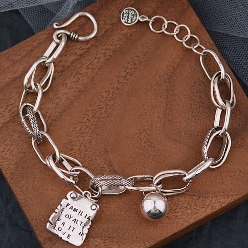 VENTFILLE 925 Sterling Silver Thick Chain Bracelet With English Letter Square Brand Pendant For Women And Men Vintage Punk