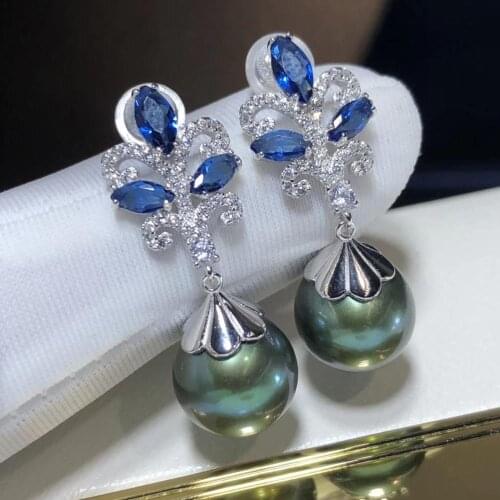 D707 Pearl Earrings Fine Jewelry 925 Sterling Silver 9-10mm Fresh Water Peacock Green Pearls Drop Dangle Earrings for Women