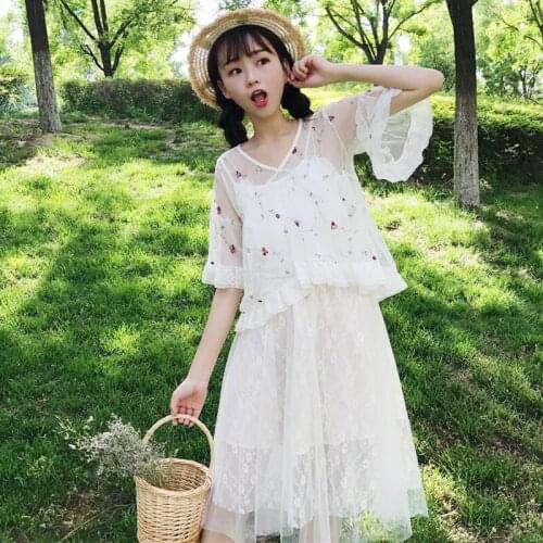 Summer New Women Korean Embroidery Flower Mesh Top + Lace Panel Sling Dress Set