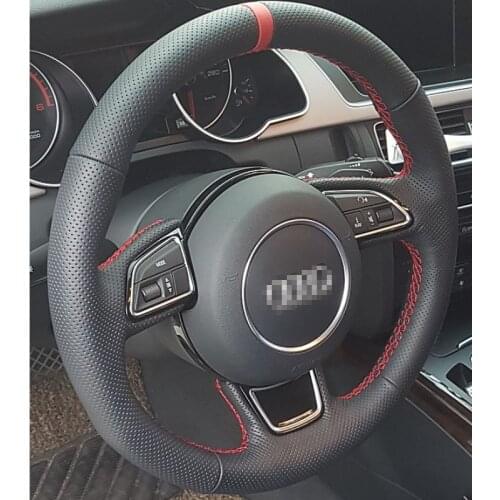 For Audi High Quality Hand-stitched Anti-Slip Black Leather Red Thread DIY Steering Wheel Cover