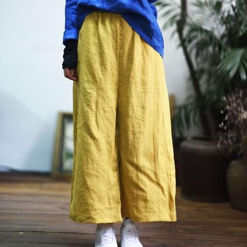 Johnature Women Linen Wide Leg Pants Elastic Waist 2021 Spring New Pockets Women Clothing Loose Vintage Trouser