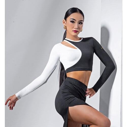 New Latin Dance Costume Female Long Sleeves Tops Latina Practice Clothes Women Splicing Color Sexy Samba Dancing Tops DNV14515