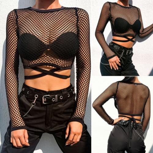 Women Sexy Casual Long Sleeve Fishnet Black Hollow Out See Through Crew Neck Skinny Beach Bathing Bikini Cover Ups Crop Tops