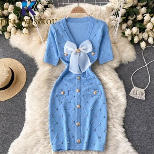 Spring Summer Knitted Dress Women 2021 New Button Bow Fashion Diamonds High Waist Short Dress Ladies V-Neck Short Sleeve Dresses