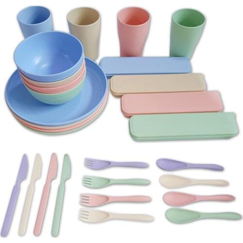 28pcs Outdoor Tableware Combo Reusable Plate Bowl Cup Knife Fork Spoon for Camping Picnic Wheat Straw Kitchen Dishware Set