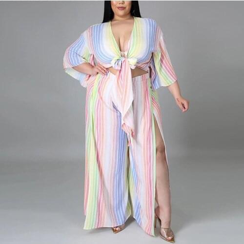 4XL 5XL Plus Size Pants Sets Womens Striped Print Loose Fashion Tops & Trousers Fashion High Street Wear Outfits Matching Sets
