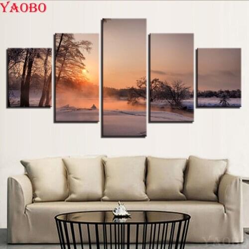 5D DIY Diamond Painting 5 Pieces Winter Snow Sunrise Fog Lake Trees Full square round Diamond Embroidery 3D Diamond Mosaic sale