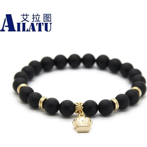 Ailatu Fashion Stone Jewelry Wholesale 8mm Real Matte Onyx Stone Beads with Crown Bracelet Party Gift