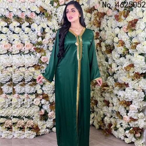 Arabic Dresses for Women Fall 2021 Golden Ribbon Patchwork V Neck Long Sleeve Maxi Dress Muslim Turkish Clothing Satin