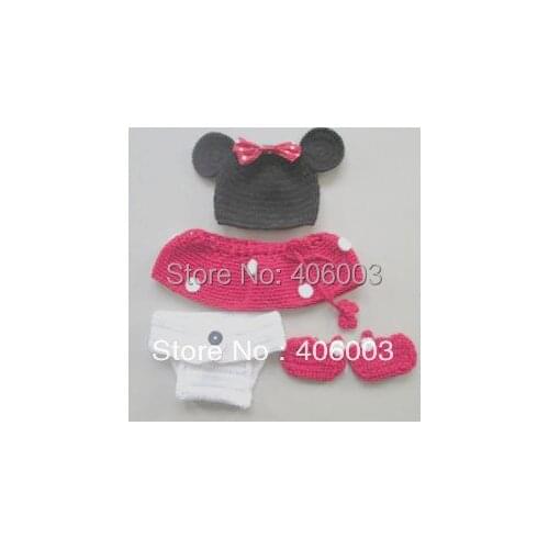 Free Shipping Cute Baby Mouse Hat Handmade Crochet Photography Props Infant Costume Clothing Skirt Set Knitted Beanies for KIds
