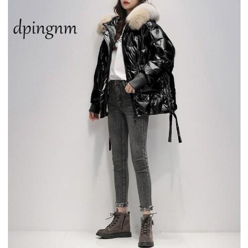 Glossy down jacket womens mid-length 90 white duck down Korean style real fur collar small loose coat