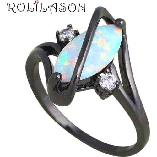 ROLILASON Brand Rings for Women White Fire Opal Black Gold Tone Black Friday AAA Zircon Rings USA Sz #5#5.5#7#8#9#10 OR846
