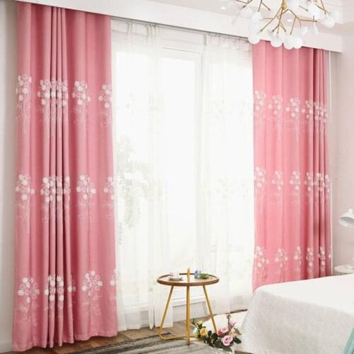 Blue pink minimalist embroidery bouquet fabric half blackout curtains European tulle curtain bedroom living room home decoration