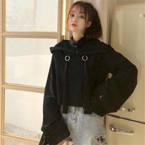 Gothic Vintage Black Women Cropped Hoodie Kpop Punk Harajuku Cute Tassel Pullover Japanese Solid Cool Girl Kawaii Sweatshirts