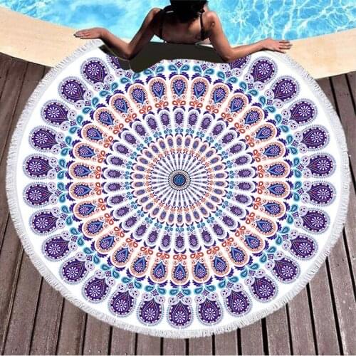 Round Beach Bath Towel Peacock Feather Colorful Eyes Ocean Sitting Shawls Microfiber Fabric Printed Picnic Camping Mats Cushion
