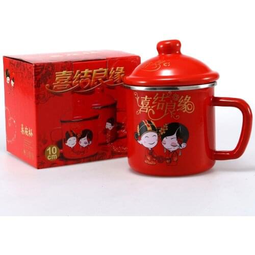 650ml red enamel mug enamel stainless steel edging red with lid cup festive enamel cup wedding special gift mug free shipping