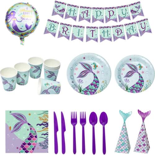 Mermaid Tail Pattern Disposable Tableware Set Paper Cups Plates Candy Box Banner Cupcake Topper Birthday Party Supplies