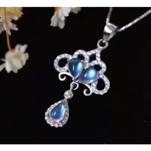 Natural blue moonstone Pendant natural gemstone pendant necklace S925 silver Elegant Lovely Bells fan girl gift fine jewelery