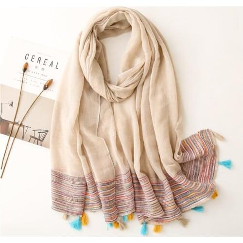 Plain Bohemian Ribbon Tassel Viscose Shawl Scarf High Quality Print Soft Hijab and Wraps Pashmina Stole Bufandas Muslim 180*90Cm
