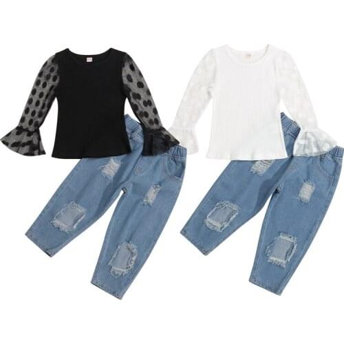 2-6Y Fashion Children Kids Girls Clothes Sets Polka Dot Print Mesh Long Flare Sleeve Knitted Tops Hole Denim Pants 2pcs Outfits