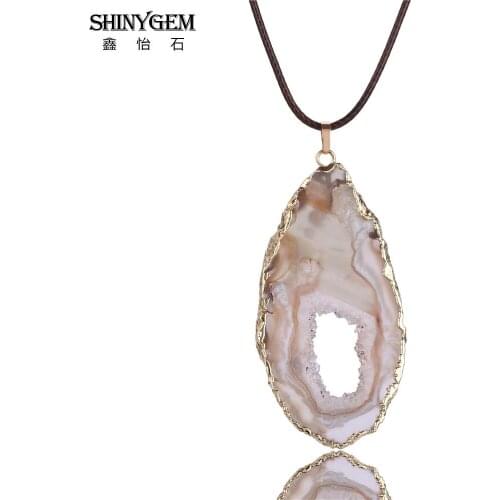 ShinyGem Gold/Silver Plated Druzy Crystal Pendant Necklace Natural Black Brown Agates Handmade Leather Chain Necklaces For Women