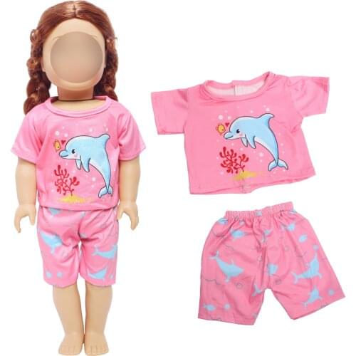 Handmade Pink Doll Outfit Cute Animal Pattern Shirt Short Pants Casual Wear Summer Clothes for American 18 Inch Baby Girl Toys