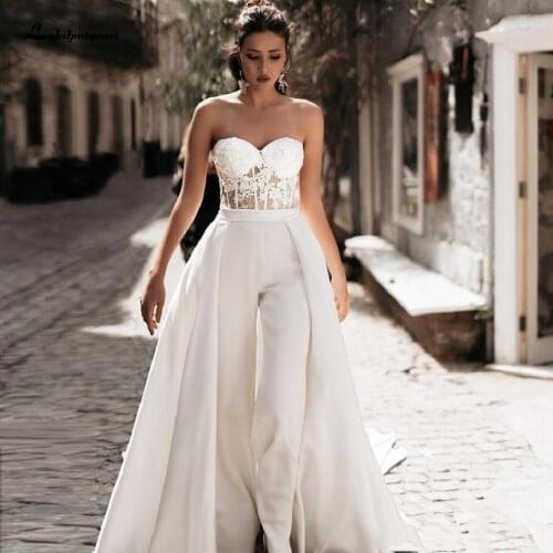 Chic Corset Bridal Dress 2 in 1 Satin Wedding Jumpsuit 2020 Bohemian Sweetheart Off Shoulder Wedding Gowns with Detachable Skirt
