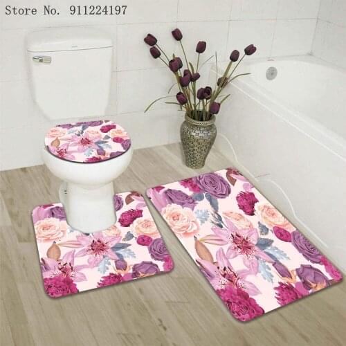 Bohemia Pink Flower 3pcs Bath Mat Set Anti-Slip Carpet Doormat Bathroom Cover Toilet Seat Mat Bath Rug Accessories For Toilet