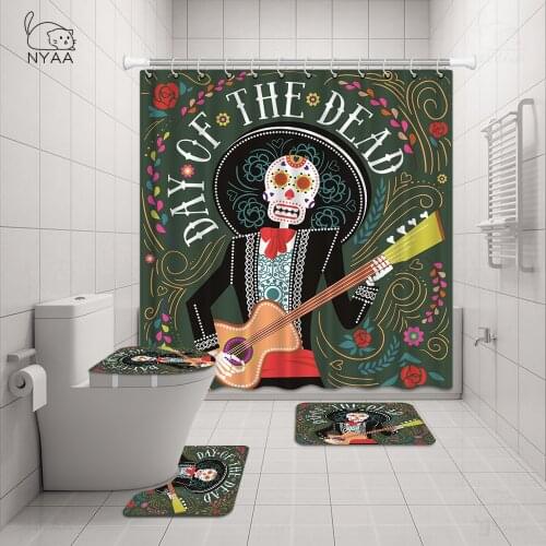 Funny Skull Skeleton Print Shower Curtain Set Halloween Festival Home Decor Bath Mat Toilet Lid Cover Flannel Bathroom Carpet